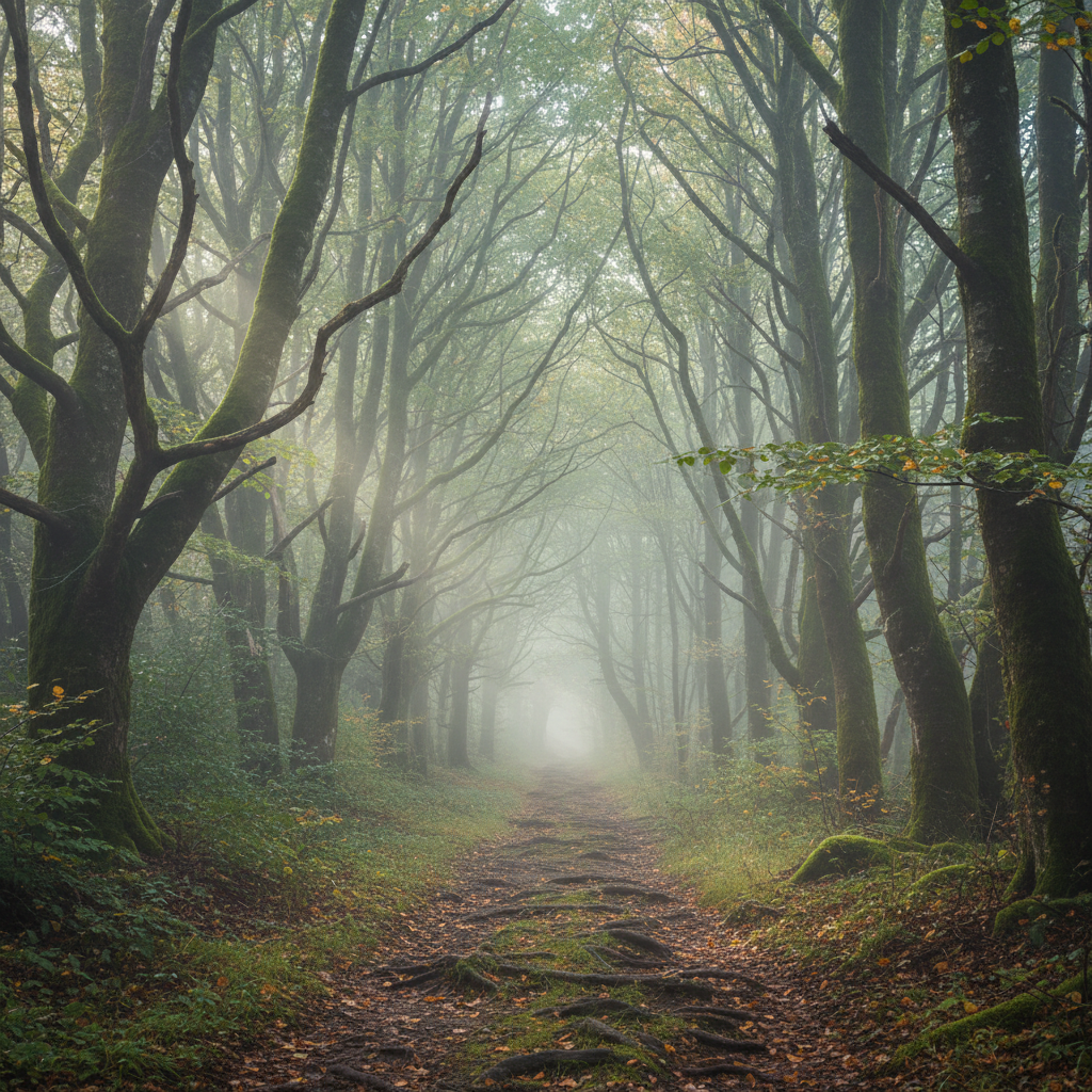 Waldpfad im Nebel
