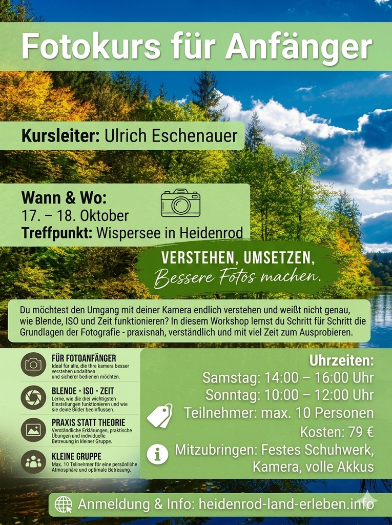 1.  Flyer Fotokurs für Anfänger am Wispersee Heidenrod. 2026
