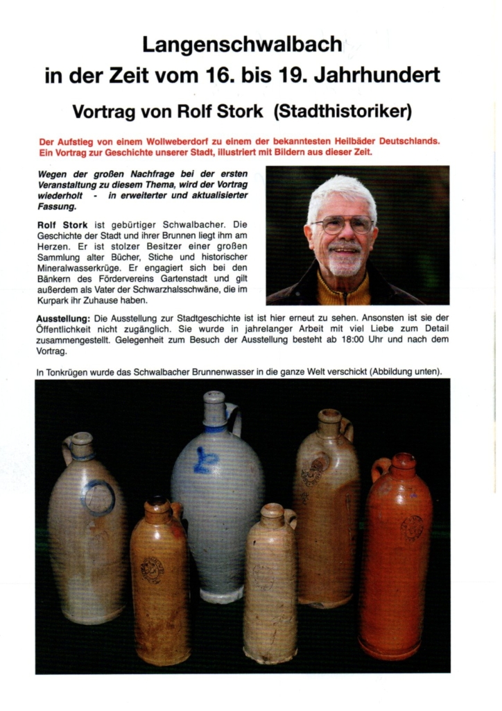 Bad Schwalbachs Weg zum Weltbad – Exklusive Einblicke mit Rolf Stork. 2026 1 Stadthistoriker Rolf Stork und historische Tonkrüge für Schwalbacher Brunnenwasser zur Ausstellung über Bad Schwalbach vom 16. bis 19. Jahrhundert.