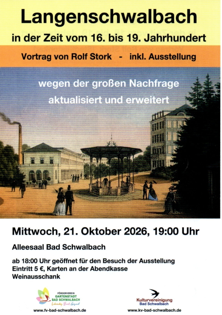 Bad Schwalbachs Weg zum Weltbad – Exklusive Einblicke mit Rolf Stork. 2026 Vortragsplakat zu Langenschwalbach im 16. bis 19. Jahrhundert von Rolf Stork am 21. Oktober 2026 im Alleesaal Bad Schwalbach.